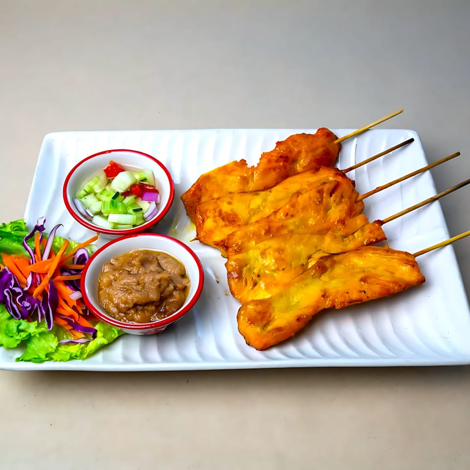 Pattaya Bay Thai Restaurant's chicken satay skewers with peanut sauce, cucumber salad, and fresh vegetables.