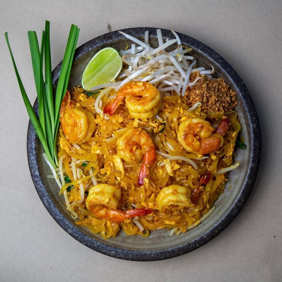 Pattaya Bay Thai Restaurant's Pad Thai with shrimp, bean sprouts, lime, and green onions.